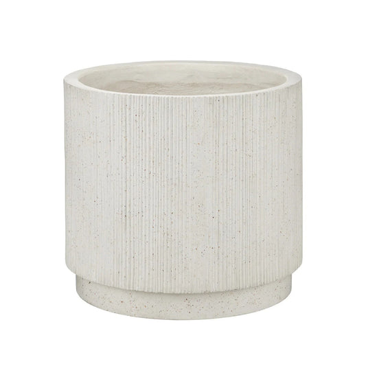 A cylindrical concrete planter pot with a textured vertical ribbed pattern and a small flared base, shown on a plain white background.