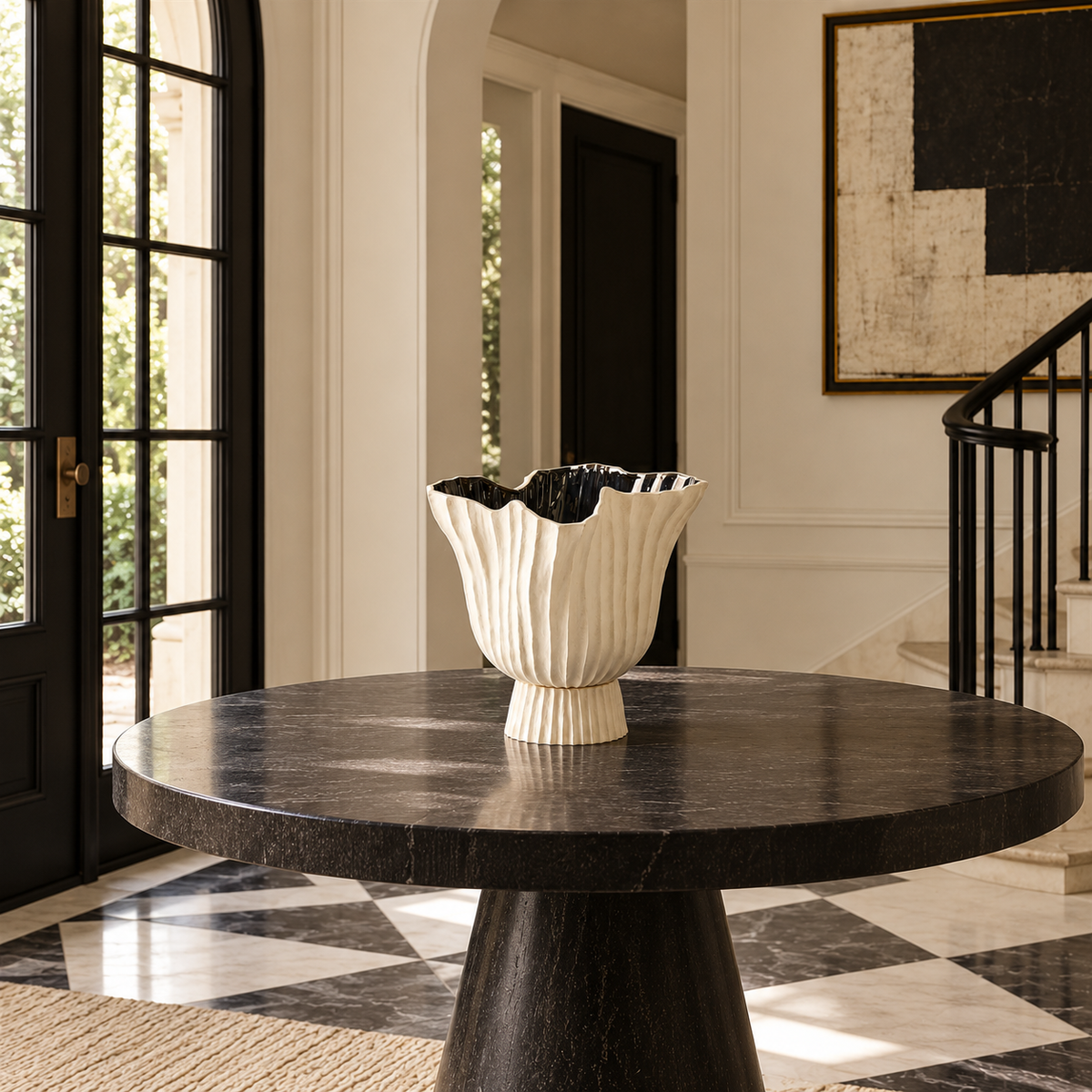 A round black marble dining table in a grand entryway, styled with a ribbed off-white ceramic vase with a black and white striped rim.