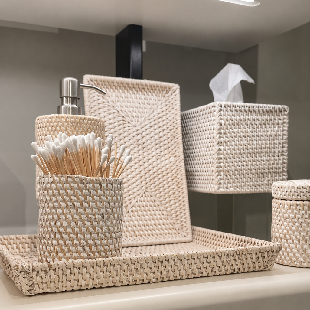 A coordinated bathroom accessory set made of woven natural fiber, including a rectangular tray, a tissue box holder with tissue visible, a cotton swab holder with a pump dispenser, a round lidded container, and two cylindrical baskets, arranged on a shelf.