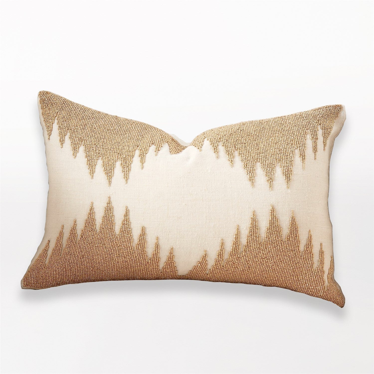 Decorative pillow with a gold and beige pattern on a white background
