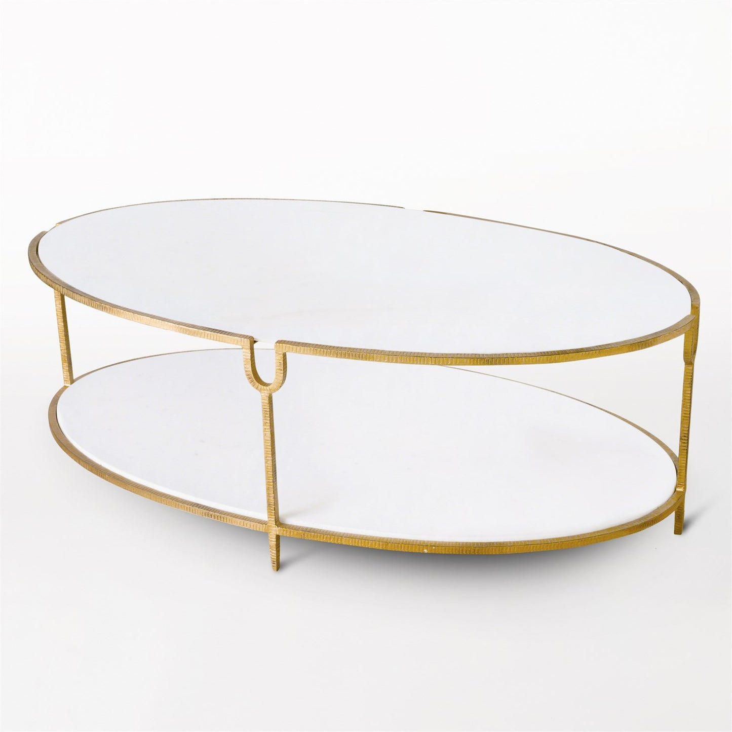 Gold-framed glass coffee table on a white background