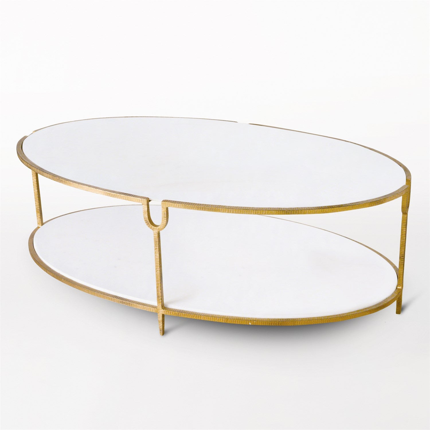 Gold-framed glass coffee table on a white background