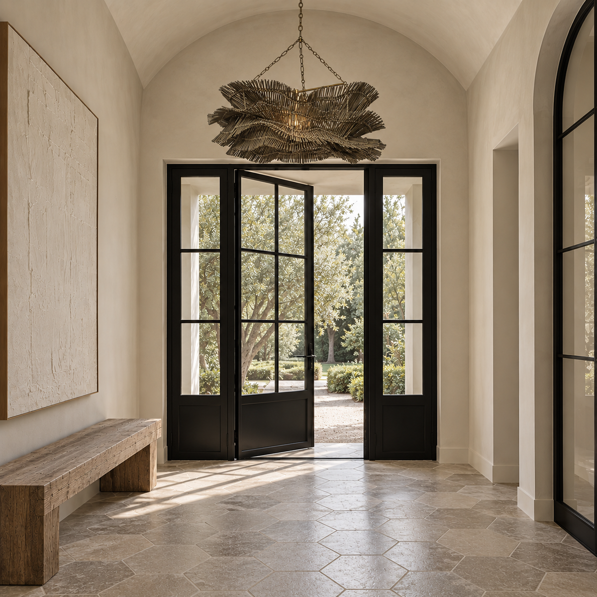 A large-scale textured wall art piece in a warm beige linen or canvas-like material, shown hanging in a bright, modern entryway with black-framed glass doors, a stone bench, and a natural fiber chandelier.