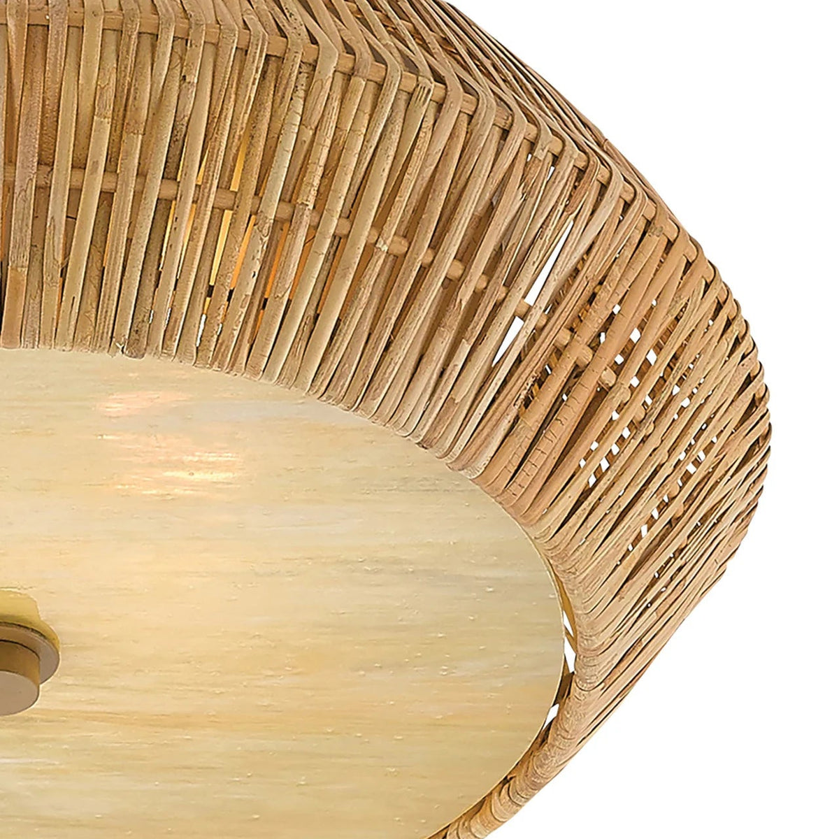 Close-up of a rattan ceiling light fixture on a white background