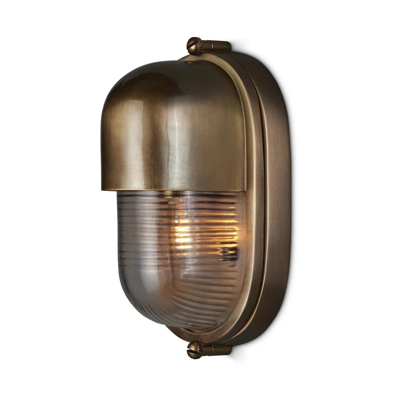Bronze outdoor wall light fixture with clear glass shade on a white background