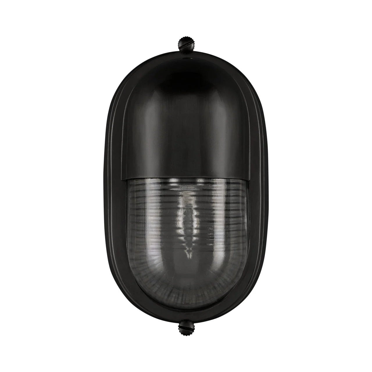 A black oval outdoor wall light with a ribbed clear lens, shown against a plain white background.