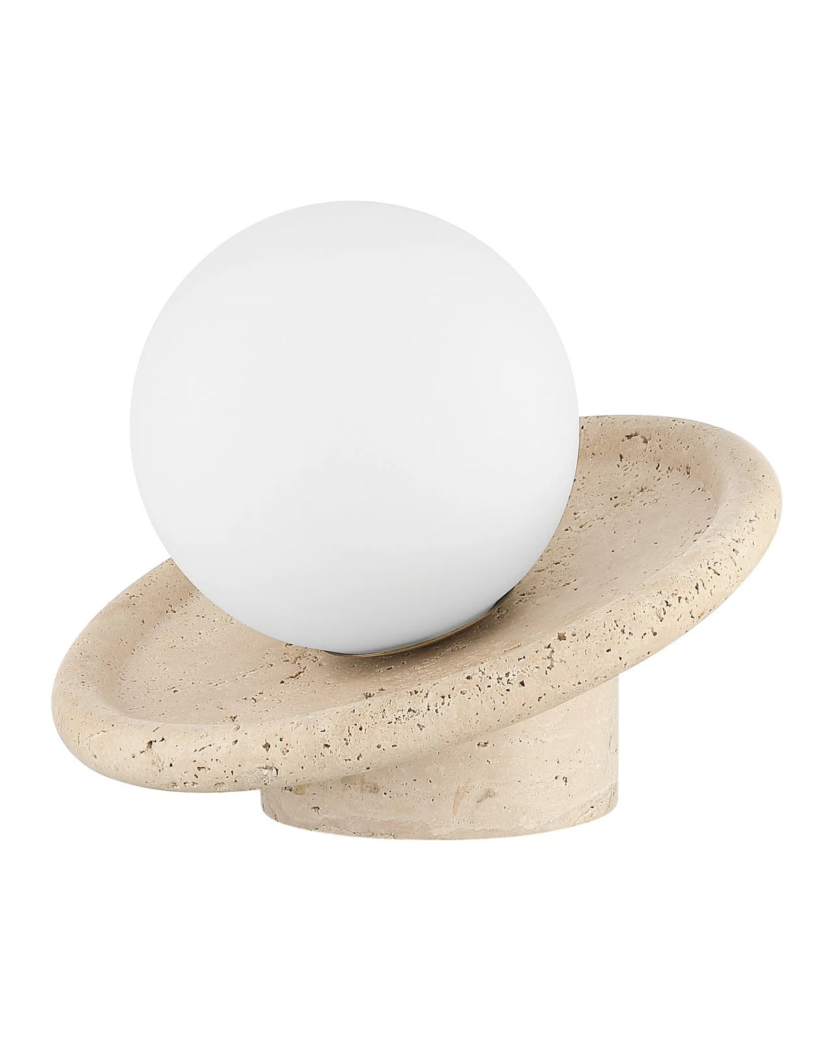 White spherical object on a beige stone-like base against a white background
