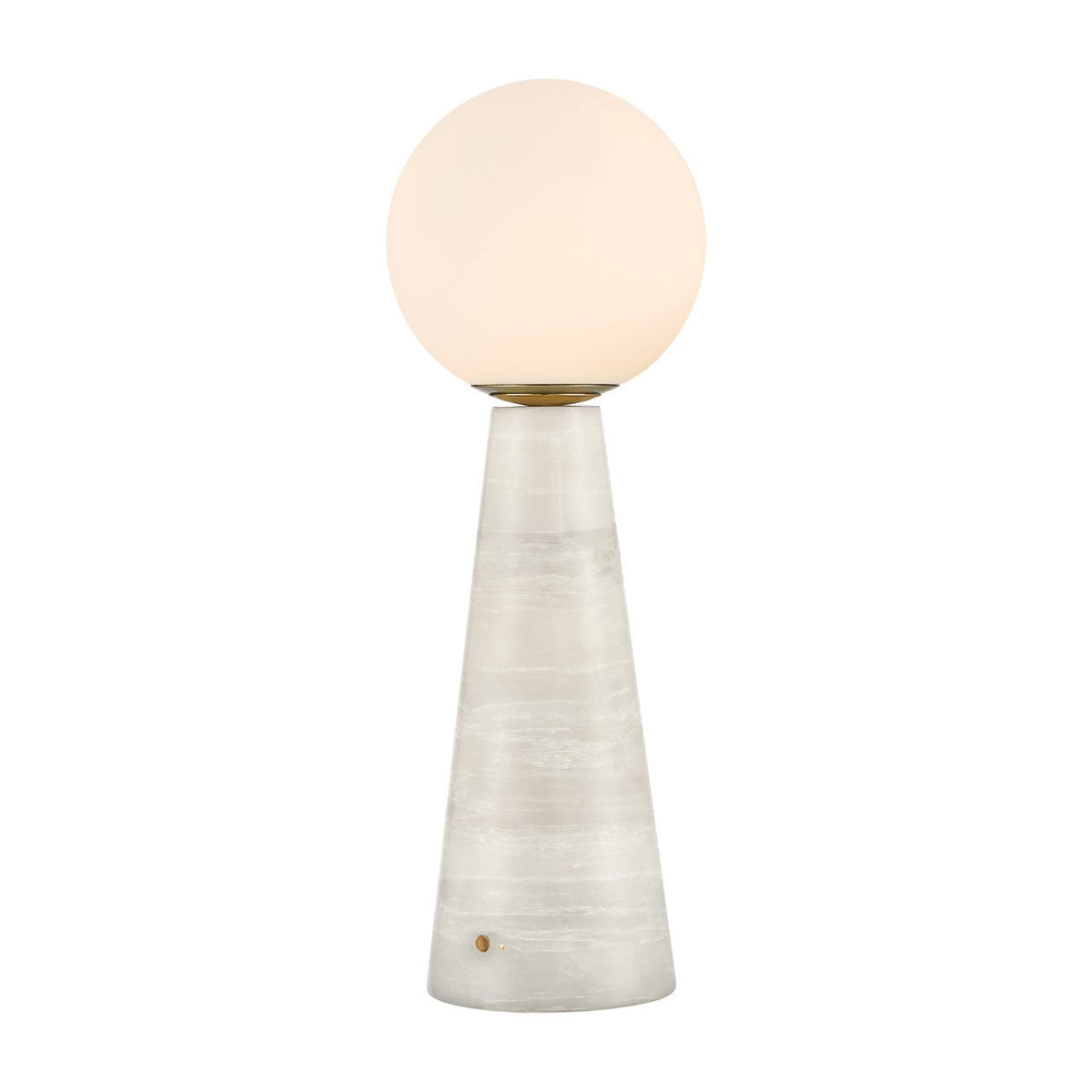 Table lamp with a white base and round glass shade on a white background