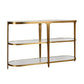 Gold console table with glass shelves on a white background