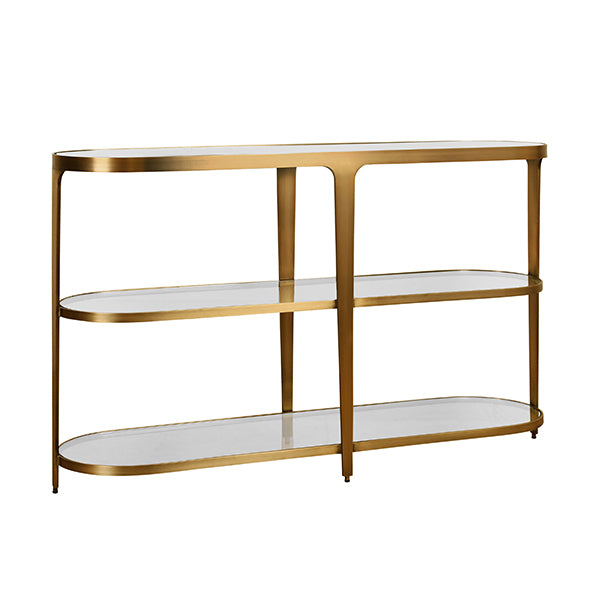 Gold console table with glass shelves on a white background