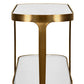 Gold-framed side table with white glass top and shelves on a white background
