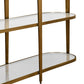 Three-tiered shelf with glass shelves and gold metal frame on a white background
