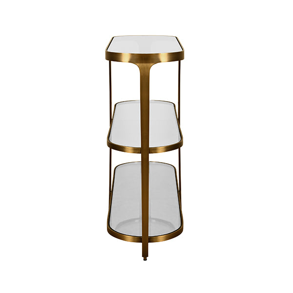 Two-tiered side table with gold frame and white top on a white background