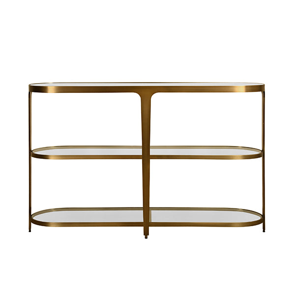 Gold console table with glass shelves on a white background