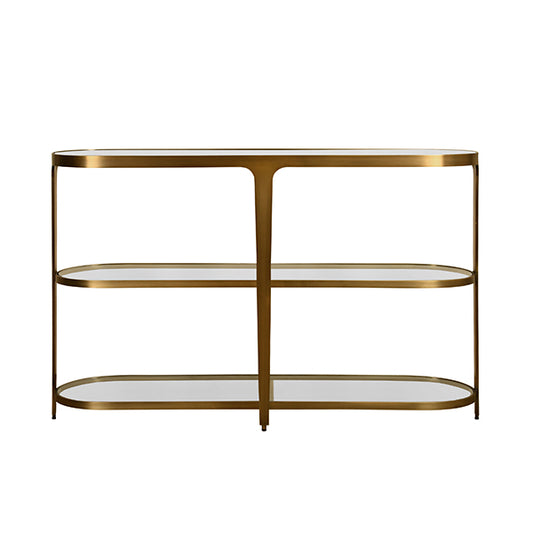 Gold console table with glass shelves on a white background