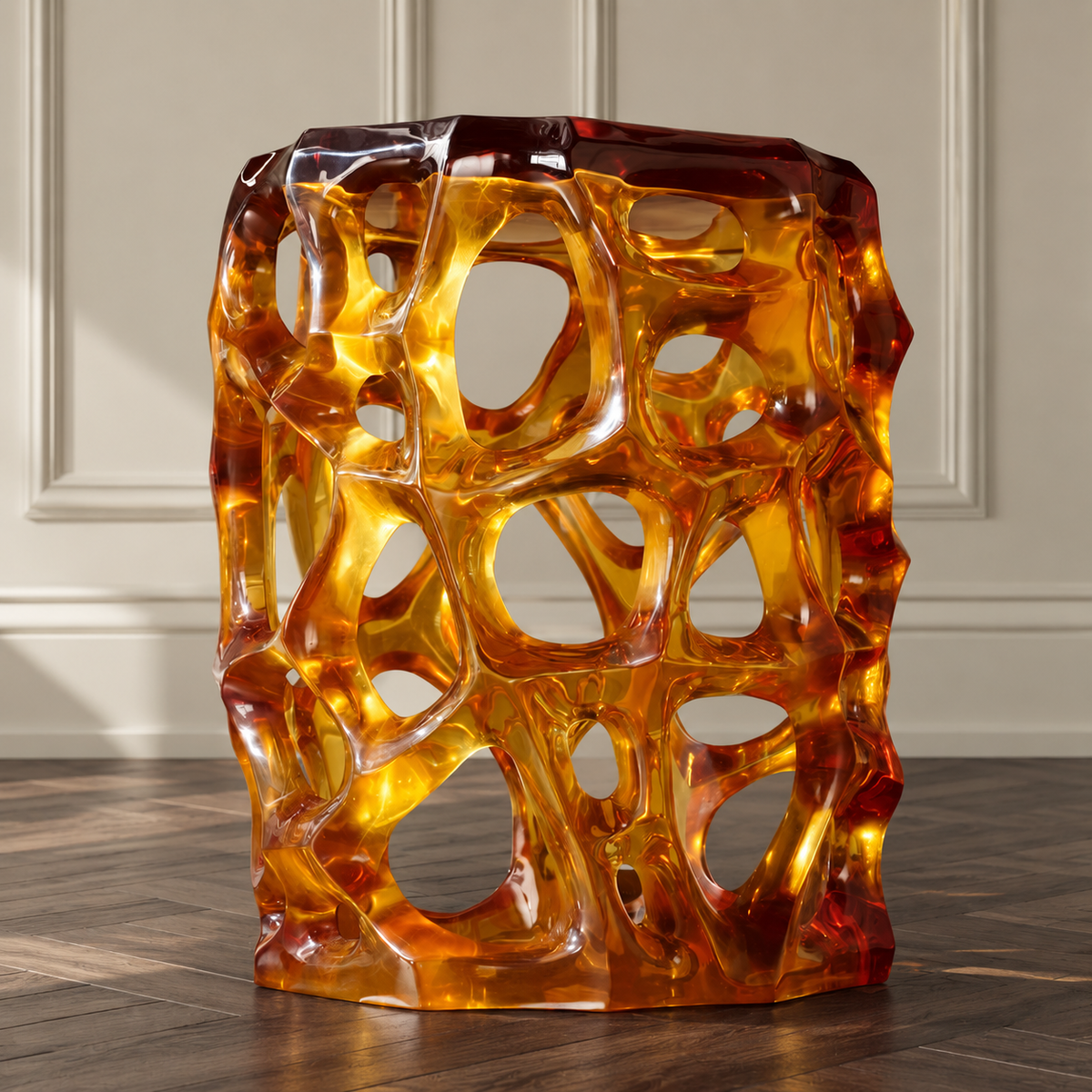 An amber-colored translucent geometric stool with an organic, cellular open structure, standing on a dark wood floor against a cream paneled wall.