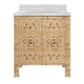 A single bathroom vanity cabinet with two doors, featuring a warm beige and brown floral marquise inlay pattern, brass ring pulls, and a white marble countertop with an integrated sink, shown on a plain white background.