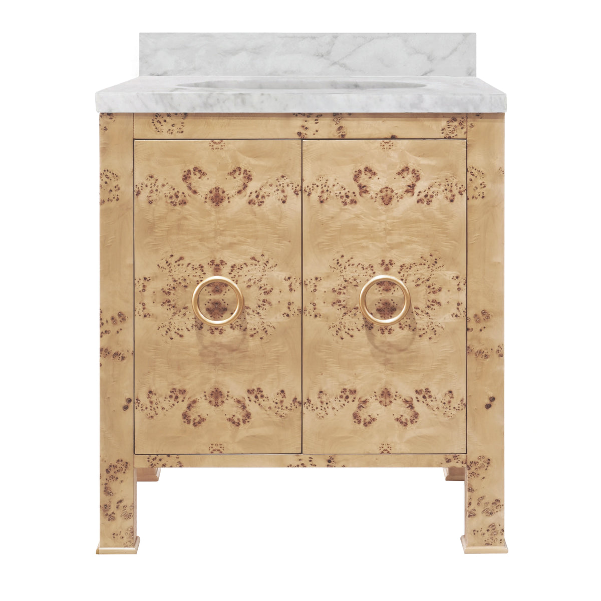 A single bathroom vanity cabinet with two doors, featuring a warm beige and brown floral marquise inlay pattern, brass ring pulls, and a white marble countertop with an integrated sink, shown on a plain white background.