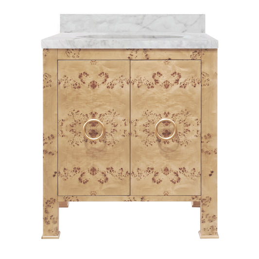 A single bathroom vanity cabinet with two doors, featuring a warm beige and brown floral marquise inlay pattern, brass ring pulls, and a white marble countertop with an integrated sink, shown on a plain white background.