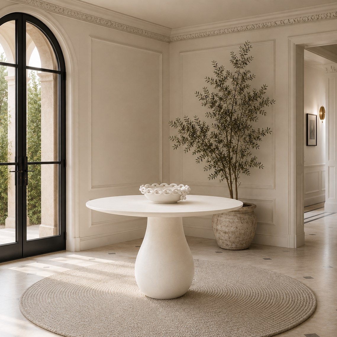 A round white pedestal dining table sits on a large circular woven rug in a bright, elegant room with cream walls, black-framed arched windows, and a tall potted tree.