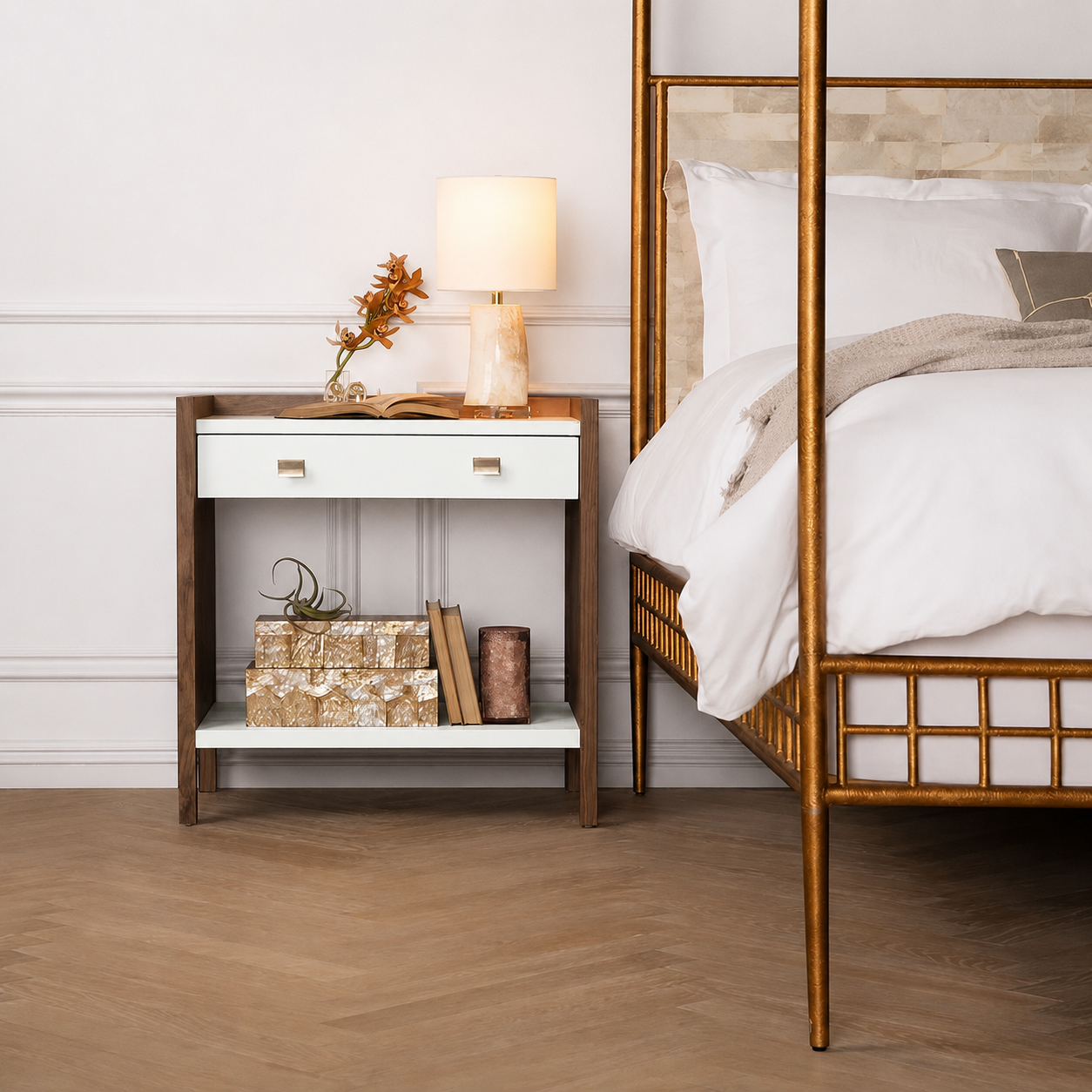 Bedroom with a wooden nightstand and bed featuring white bedding.