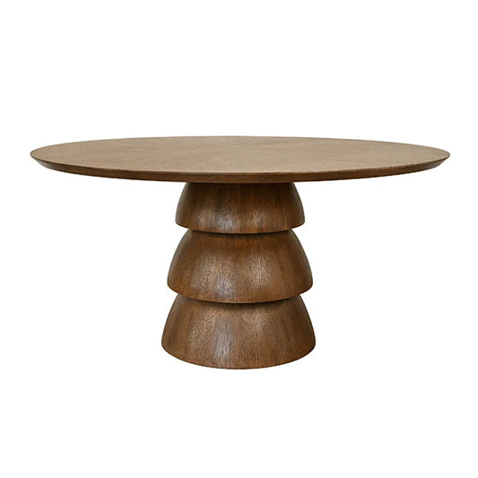 A round wooden dining table with a tiered pedestal base, shown against a plain white background.