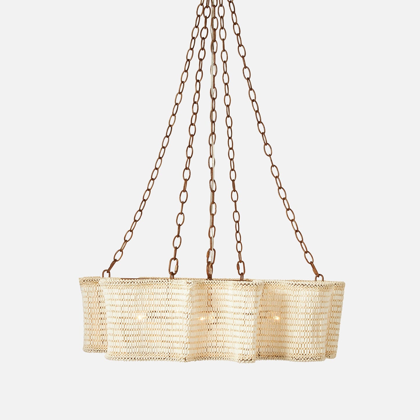 Gold mesh pendant light with chain on a white background