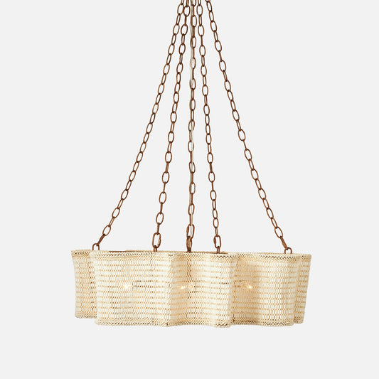 Gold mesh pendant light with chain on a white background