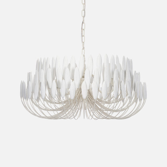 Modern chandelier with white glass shades on a light gray background