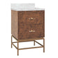 A two-drawer bathroom vanity cabinet with a white marble top, textured brown burl wood drawers, and a gold-finished metal frame base, shown on a plain white background.