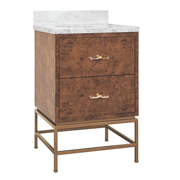 A two-drawer bathroom vanity cabinet with a white marble top, textured brown burl wood drawers, and a gold-finished metal frame base, shown on a plain white background.
