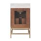 A modern bathroom vanity cabinet with a warm medium-brown wood finish, featuring a large glass window, a white marble countertop, and a gold-finished metal stand.