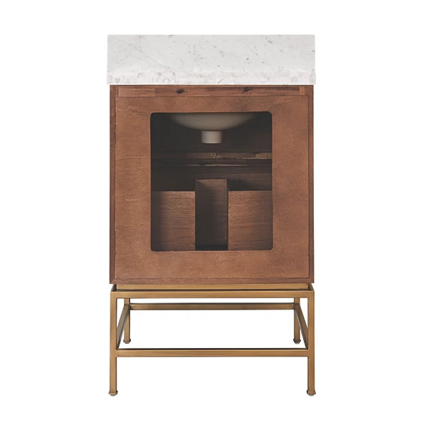 A modern bathroom vanity cabinet with a warm medium-brown wood finish, featuring a large glass window, a white marble countertop, and a gold-finished metal stand.