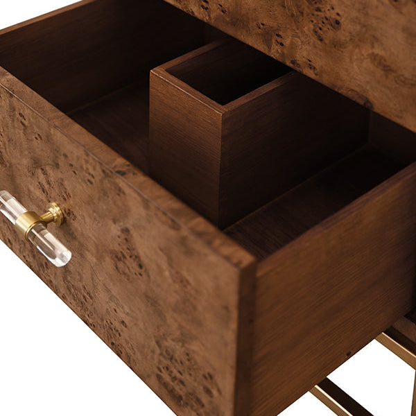 Wooden drawer with burl pattern and clear acrylic handles on a white background