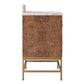 A modern bathroom vanity cabinet with a white marble top, a copper-brown burl wood front, and a gold metal stand, shown against a plain white background.
