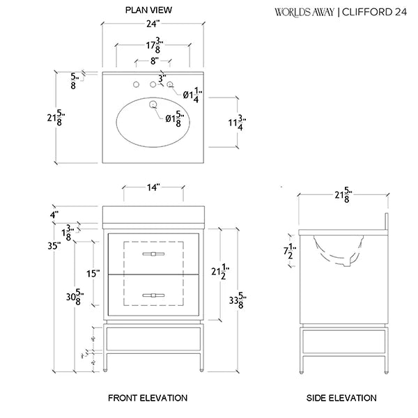 Technical drawing of a bathroom vanity with dimensions labeled
