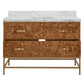 Bathroom vanity with marble countertop and wooden drawers on a white background