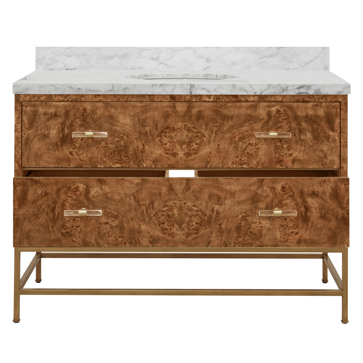 Bathroom vanity with marble countertop and wooden drawers on a white background