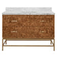 A modern bathroom vanity with a white marble top, two drawers featuring ornate brown burl wood fronts, and a gold metal frame.