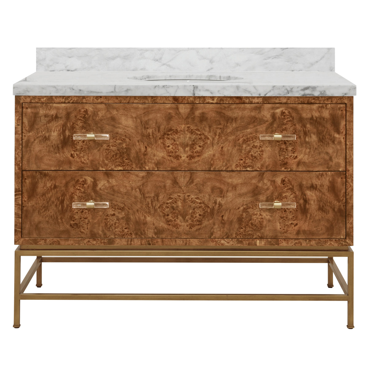 A modern bathroom vanity with a white marble top, two drawers featuring ornate brown burl wood fronts, and a gold metal frame.