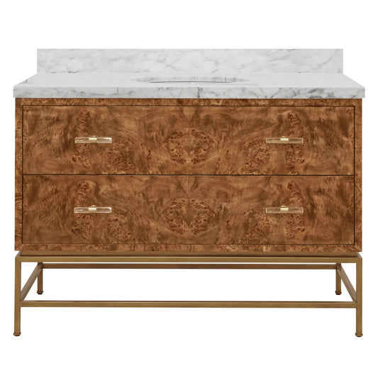 A modern bathroom vanity with a white marble top, two drawers featuring ornate brown burl wood fronts, and a gold metal frame.