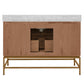 A modern bathroom vanity cabinet with a warm medium-brown wood grain finish, featuring an open center compartment, a white marble countertop, and a slim gold metal frame base.