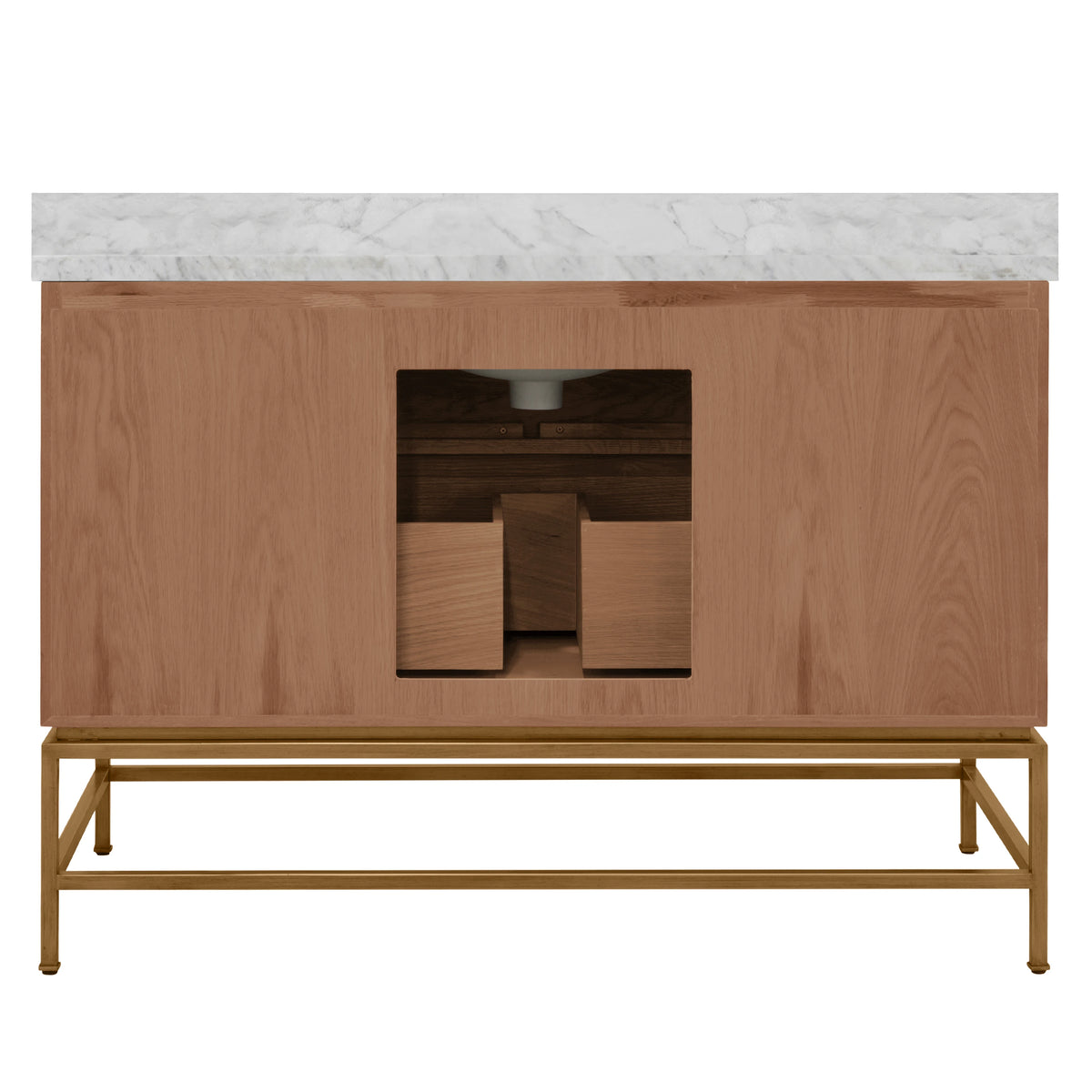 A modern bathroom vanity cabinet with a warm medium-brown wood grain finish, featuring an open center compartment, a white marble countertop, and a slim gold metal frame base.