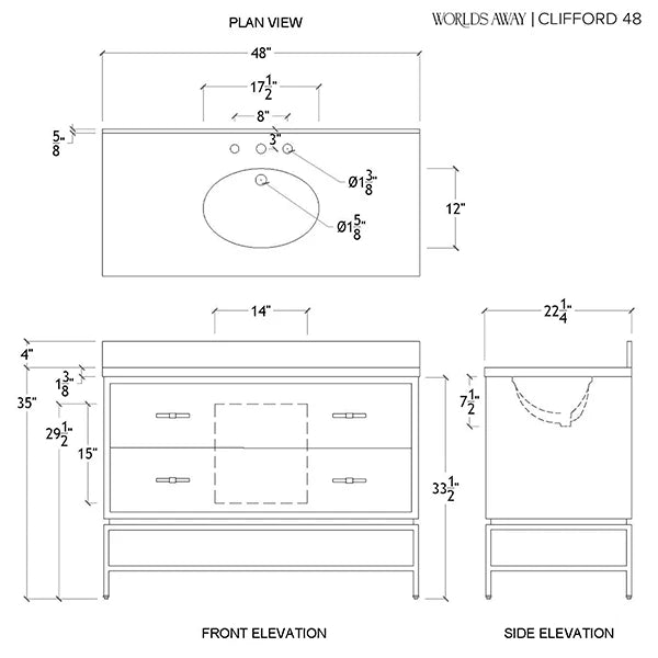 Technical dimension drawing of a bathroom vanity cabinet with sink, labeled plan view, front elevation, and side elevation. The drawing includes measurements such as 48 inches, 12 inches, 14 inches, and 33 1/2 inches, with the text 'WORLDS AWAY | CLIFFORD 48' at the top.