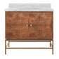 A two-door bathroom vanity cabinet with a rich copper-brown burl wood patterned finish, a white marble countertop, and a gold-finished metal frame and handles, shown against a solid white background.