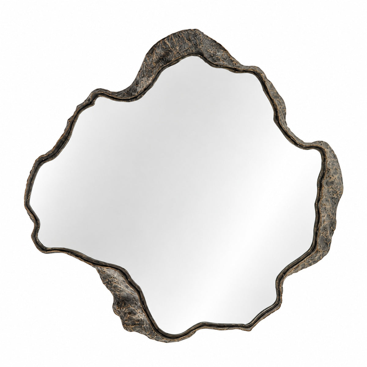 An organic-shaped wall mirror with a textured, bark-like frame in dark brown and black tones, shown against a plain white background.