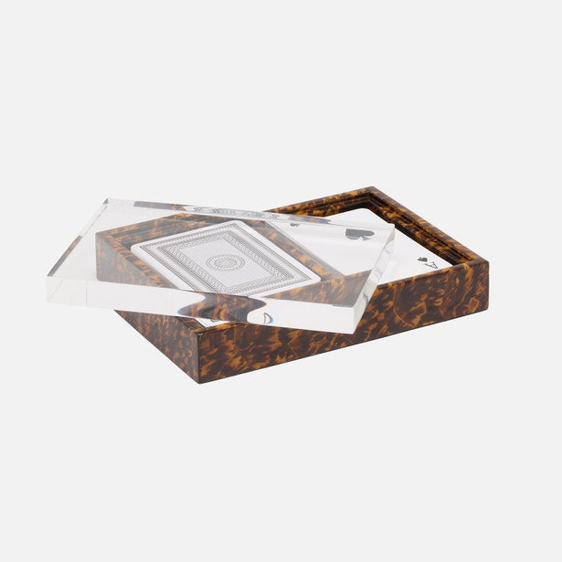 Tortoiseshell-patterned tray with a clear glass top on a white background