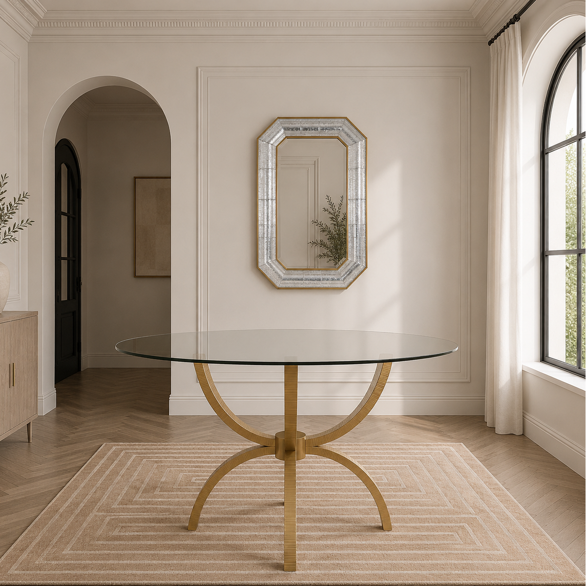 A round glass-top dining table with a curved gold metal base, set on a beige geometric rug in a bright, modern dining room with cream walls and wood floors.