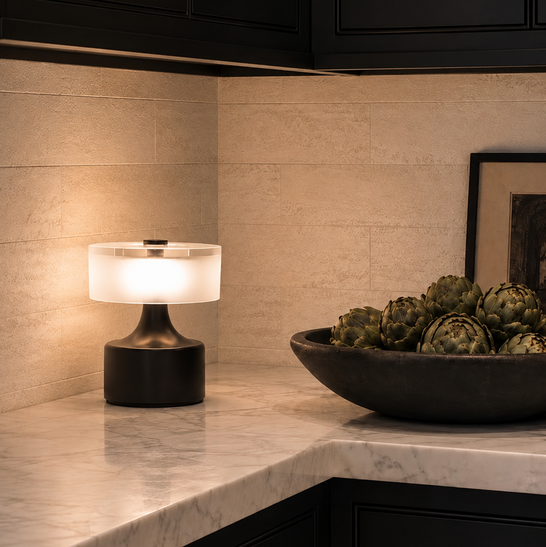 A modern black table lamp with a glowing white drum shade sits on a light marble countertop in a kitchen setting with black cabinets and beige tile backsplash.
