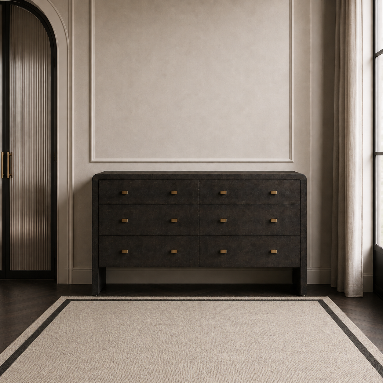 A dark mushroom faux shagreen dresser with six drawers and small brass handles, positioned against a beige wall in a styled room with a textured rug, curtains, and a ribbed glass door.